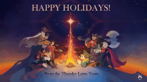 Thora, Eshe, Stella, Daffodil, Soulies and Shan, the main characters from all Thunder Lotus' games, sitting around a fire to celebrate the Holiday Season