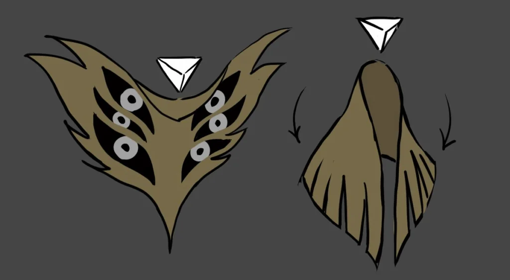 A winged monster with a triangular head and eyes drawn in its wings