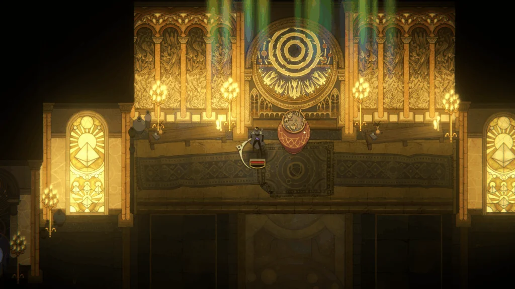 A soulie waiting next to a bone urn in the Palace of Paradiso